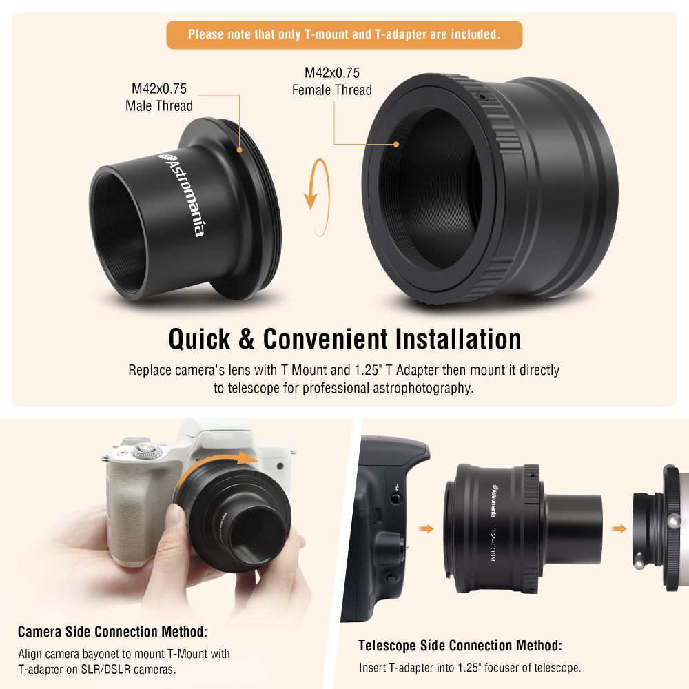 Astromania Canon EOS-M T2 Mount Lens Adapter and M42 to 1.25" Telescope Adapter(T-mount)for Canon EOS-M Camera Telescope/spotting Scope Accessories