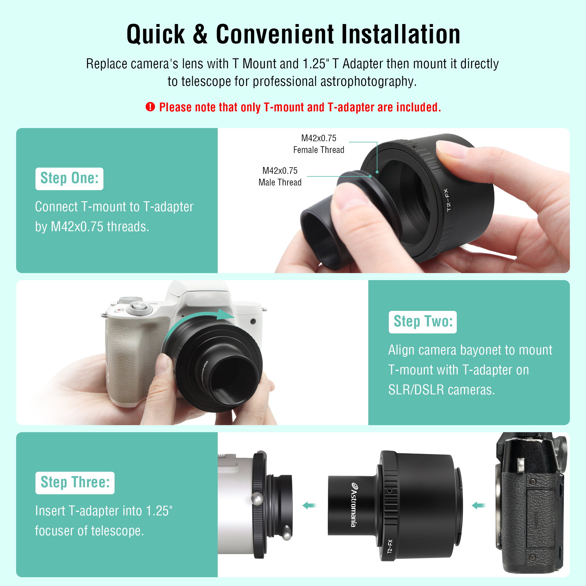 Astromania T T2 Lens to Fuji FX mount Camera adapter and M42 to 1.25" Telescope Adapter(T-mount)-Universal screw in forX-T1 X-A1 X-E2 X-M1 X-E1 X-PRO1