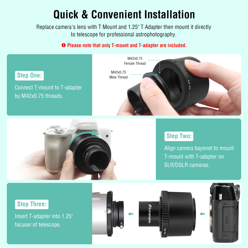Astromania T T2 Lens to Fuji FX mount Camera adapter and M42 to 1.25" Telescope Adapter(T-mount)-Universal screw in forX-T1 X-A1 X-E2 X-M1 X-E1 X-PRO1