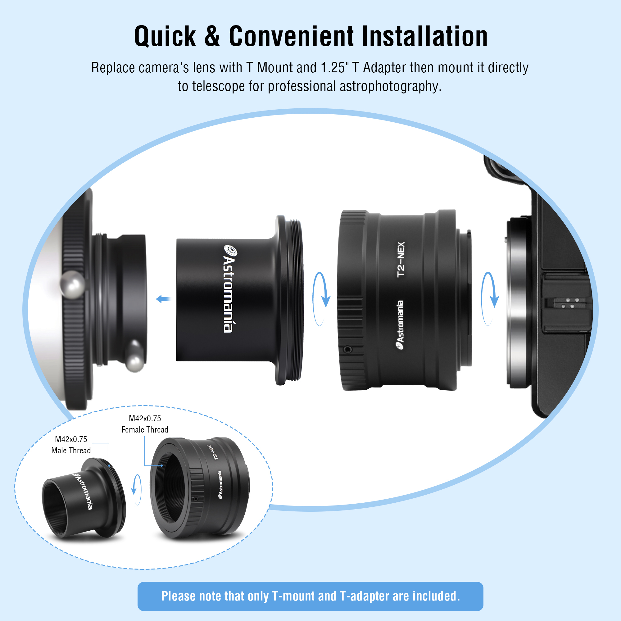Astromania T/T2 Lens Mount Adapter Ring and M42 to 1.25" Telescope Adapter (T-mount) for Sony-NEX Camera-for all Sony NEX compact system cameras