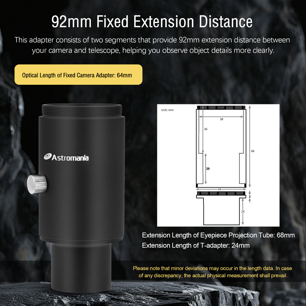 Astromania Telescope Photo Adapter, 1.25 Inch Fixed Camera Adapter Metal Telescope Accessories for Either Prime-Focus or Eyepiece-Projection Astrophotography Extended Cylinder for Astronomy Telescopes