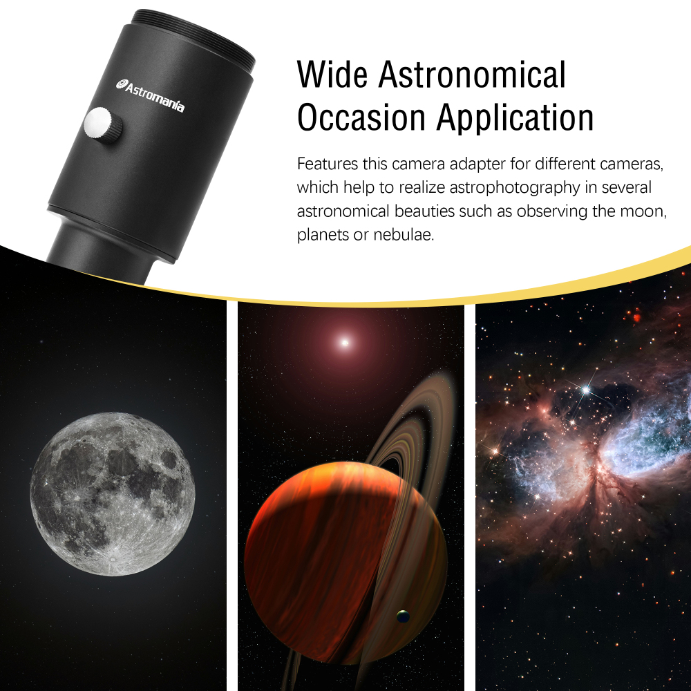 Astromania Telescope Photo Adapter, 1.25 Inch Fixed Camera Adapter Metal Telescope Accessories for Either Prime-Focus or Eyepiece-Projection Astrophotography Extended Cylinder for Astronomy Telescopes
