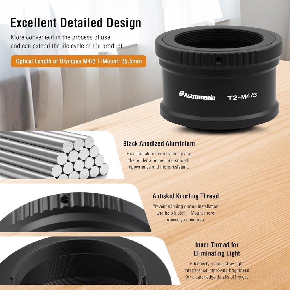 Astromania T T2 Mount for O-lympus Pana-sonic M4 / 3 Cameras - Compatible with O-lympus EP1, EP2, EPL1, Pana-sonic DMC-G1, DMC-GH1, DMC-GF1 Camera Bod