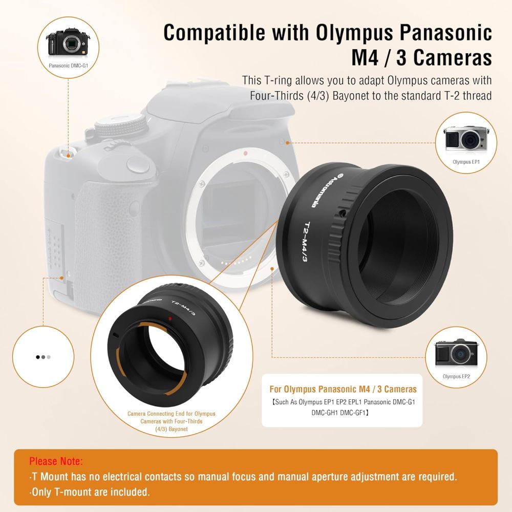 Astromania T T2 Mount for O-lympus Pana-sonic M4 / 3 Cameras - Compatible with O-lympus EP1, EP2, EPL1, Pana-sonic DMC-G1, DMC-GH1, DMC-GF1 Camera Bod