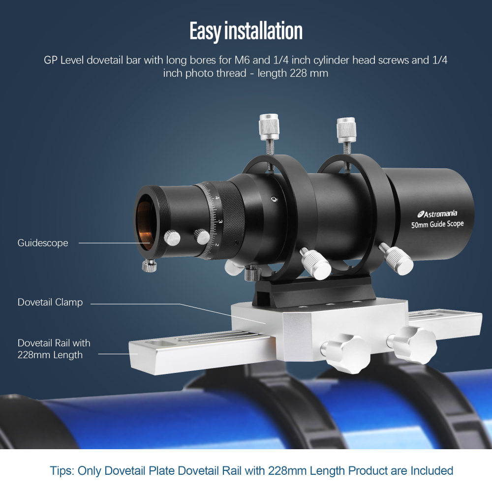 Astromania DeLuxe Dovetail Plate Dovetail Rail with 228 mm length - Vixen Style - you can easily balance the telescope by shifting