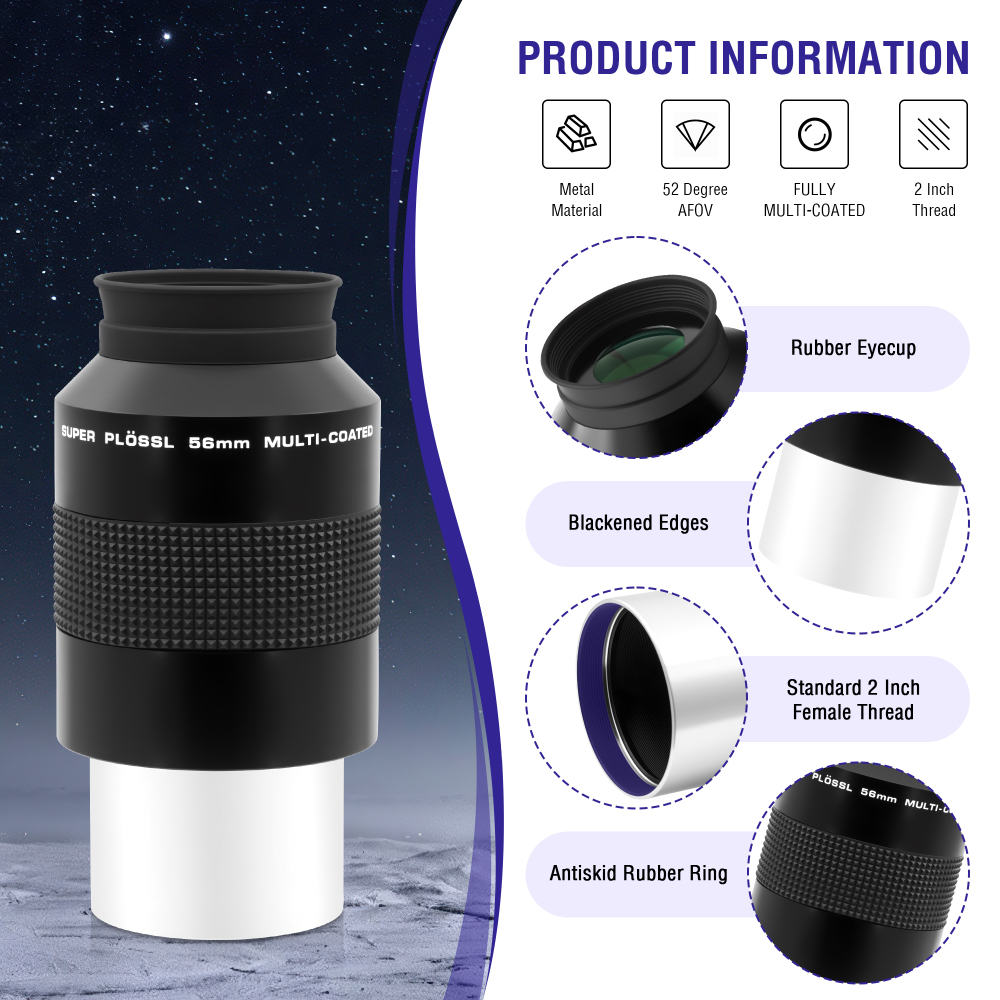 Astromania Super Plossl Eyepiece 2 Inch - Telescope Eyepiece 56mm Fully Multi-Coated Optics 52 Degree Wide Field 4-Element Design, High Eye Relief for Astronomy Telescope Included 2 Inch Filter Thread