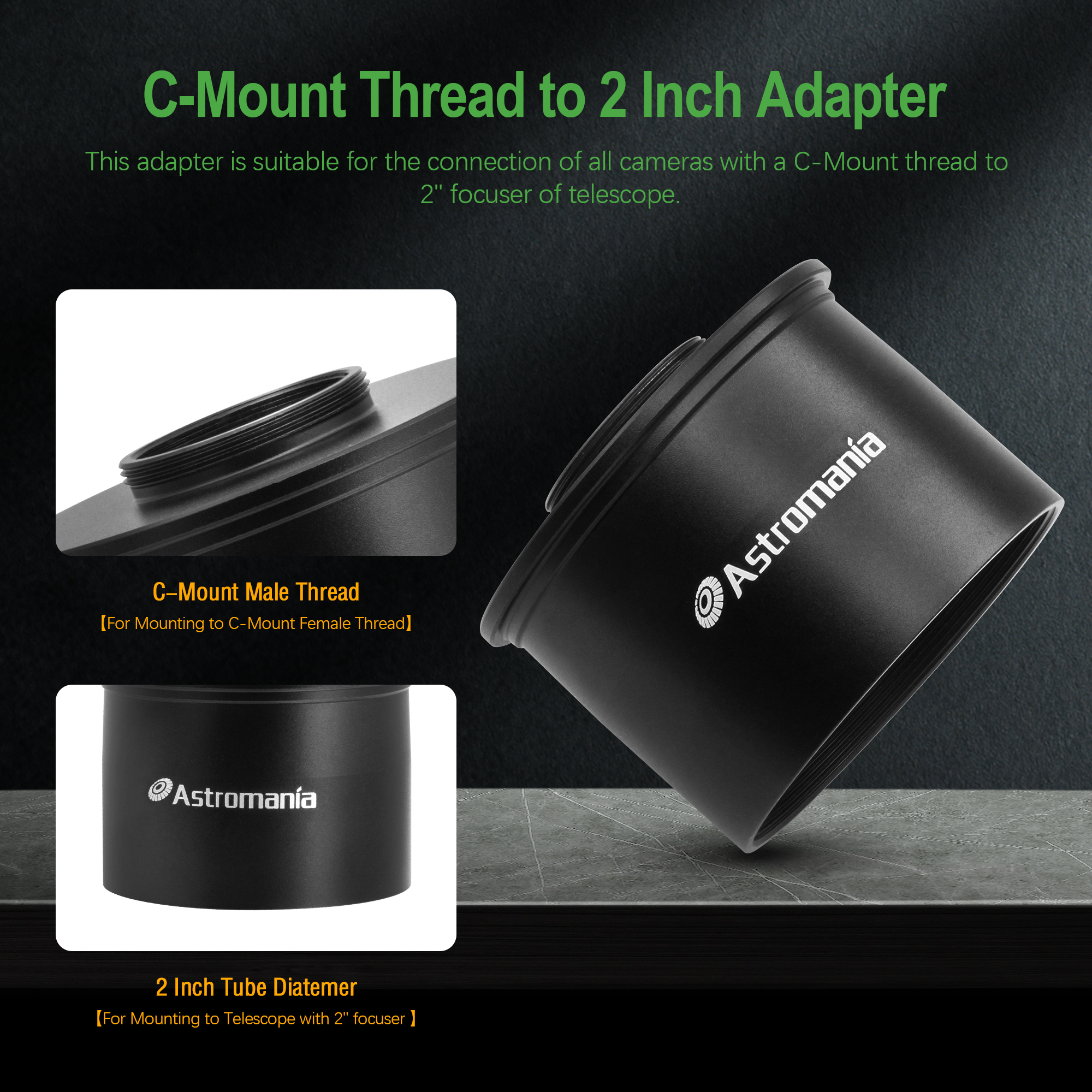 Astromania C Mount To 2" Video Camera Barrel Adapter Telescope Astrophotography