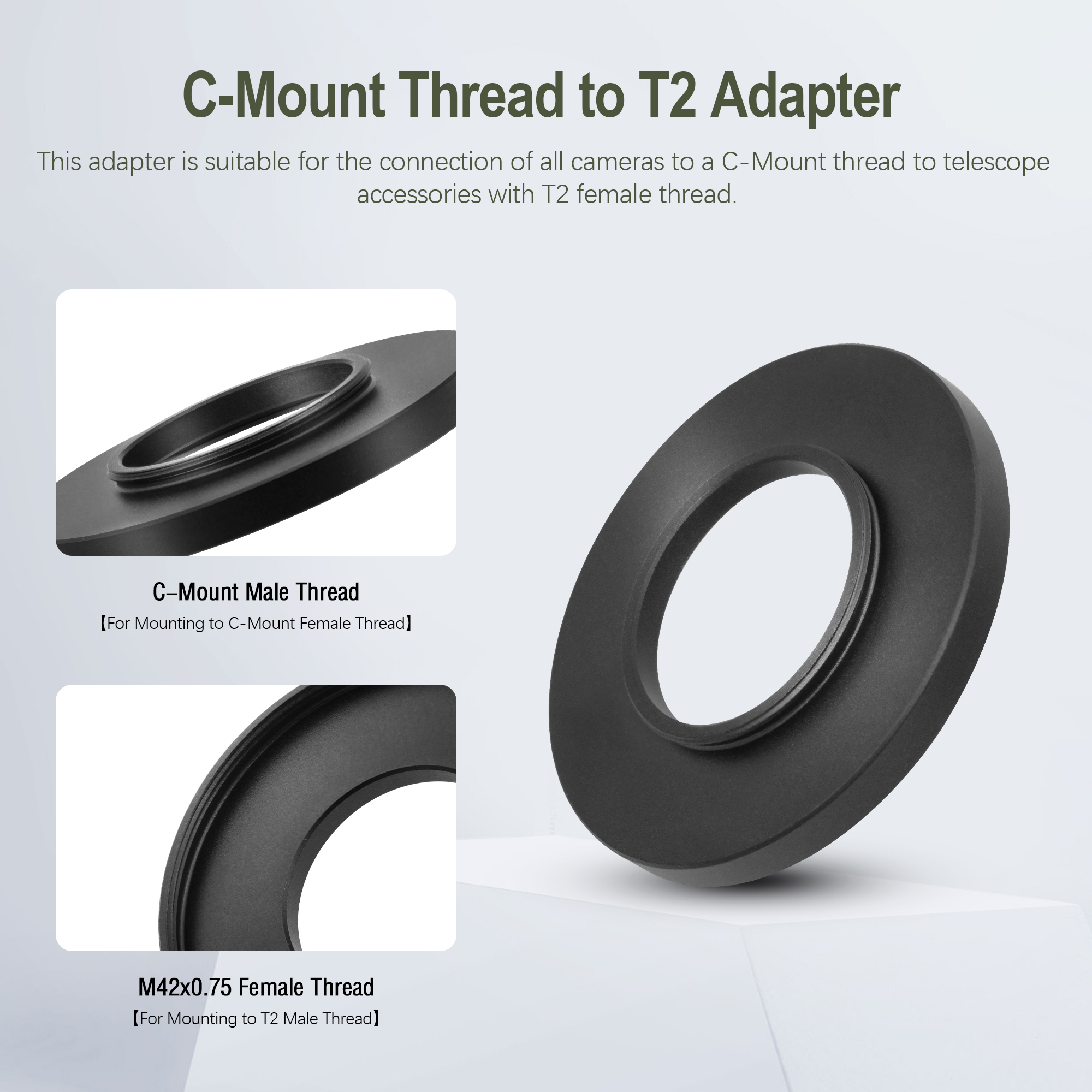 Astromania T2 female thread to C-mount camera adapter,4mm-can easily convert T2 mount port or T2 mount microscope trinocular phototube to C-mount type