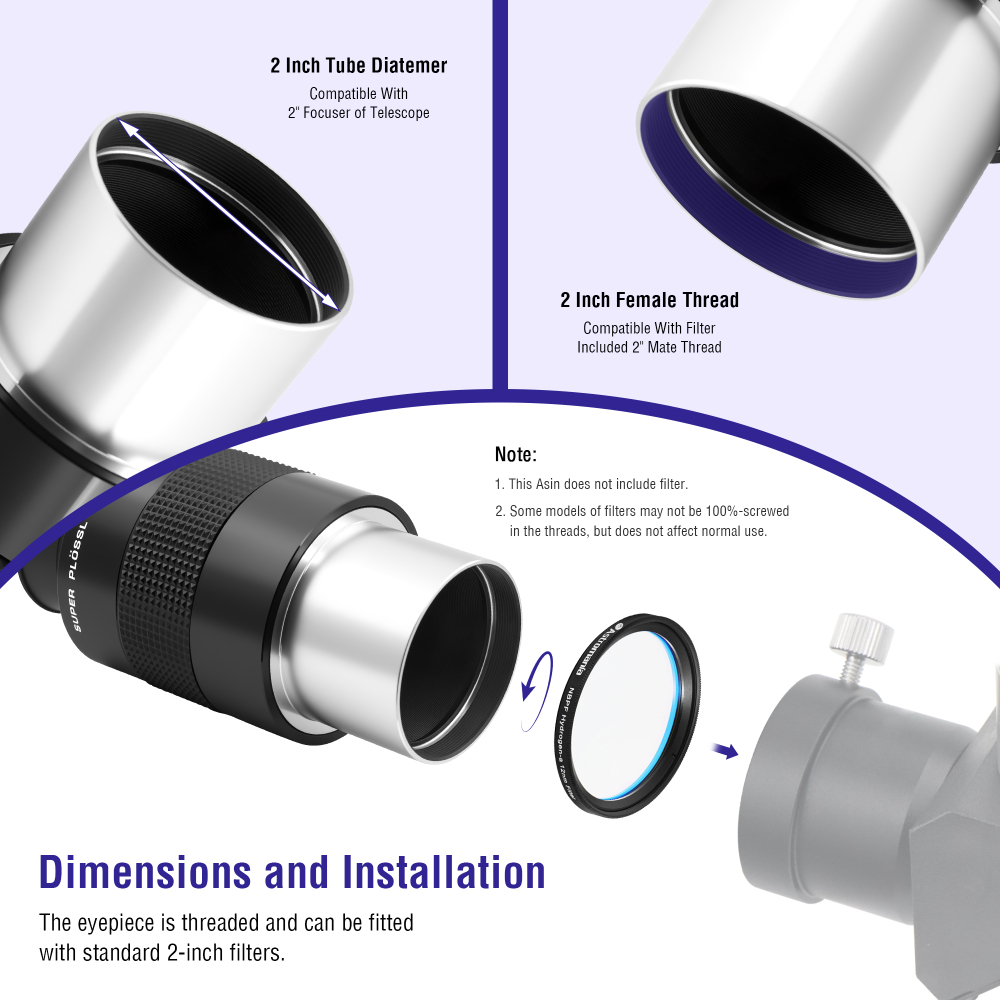 Astromania Super Plossl Eyepiece 2 Inch - Telescope Eyepiece 56mm Fully Multi-Coated Optics 52 Degree Wide Field 4-Element Design, High Eye Relief for Astronomy Telescope Included 2 Inch Filter Thread