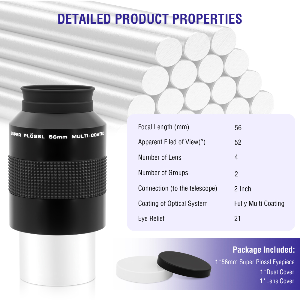 Astromania Super Plossl Eyepiece 2 Inch - Telescope Eyepiece 56mm Fully Multi-Coated Optics 52 Degree Wide Field 4-Element Design, High Eye Relief for Astronomy Telescope Included 2 Inch Filter Thread