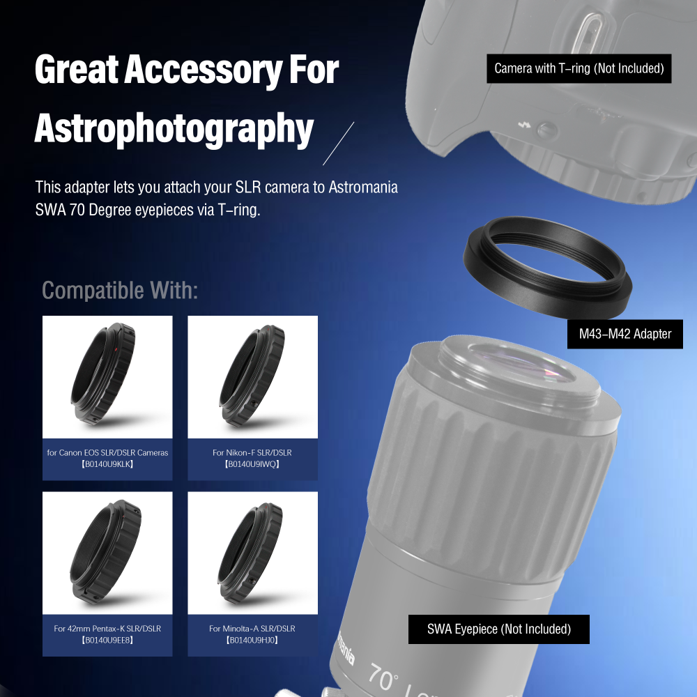Astromania M43x0.75 Female to M42X0.75 T/T2 Male Thread Telescope Adapter-The camera adapter for Astromania 1.25"/2"-70 Degree Super Wide Angle (SWA)