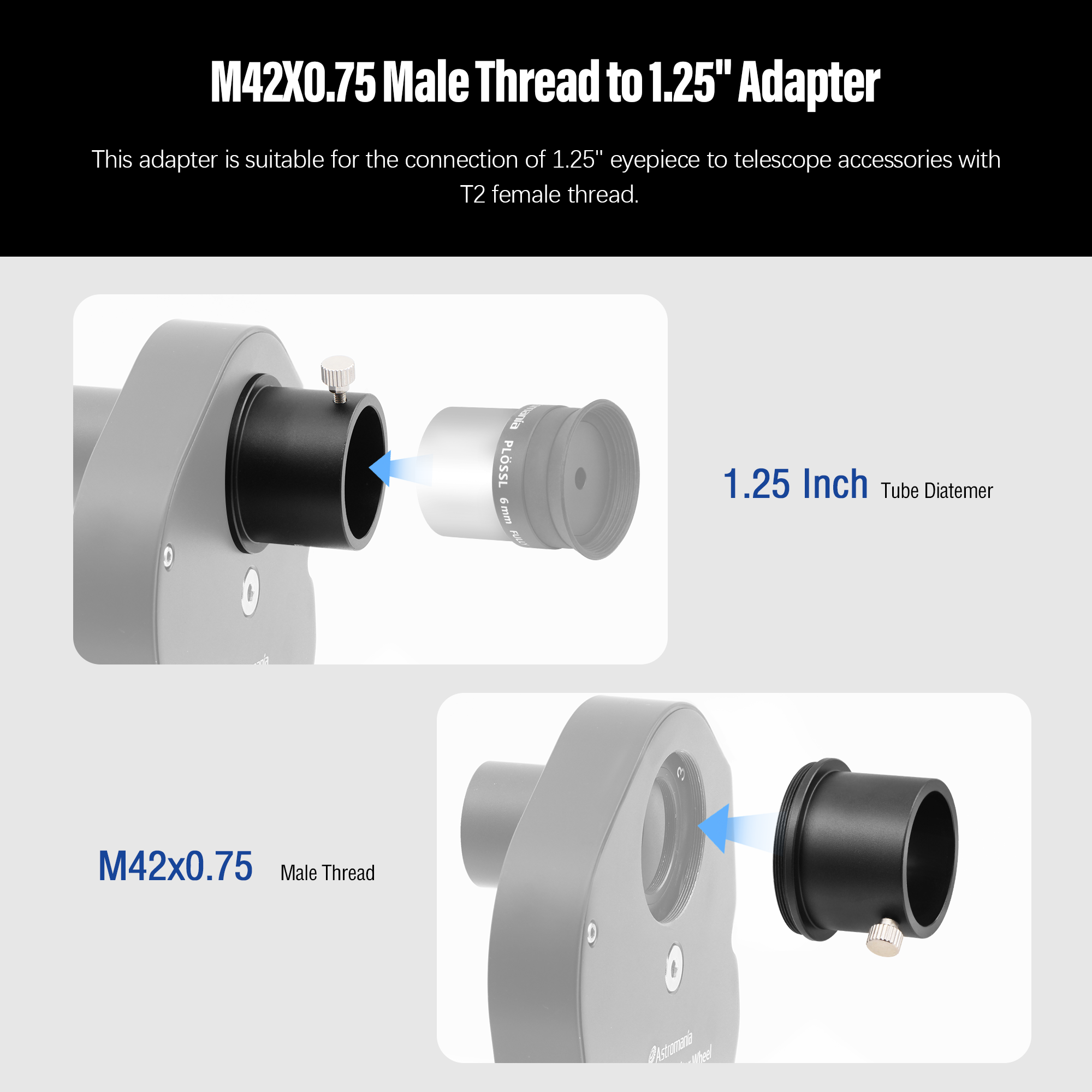 Astromania M42X0.75 Male Thread to 1.25" Adapter - converts from the T-2 internal thread to the standard 1.25" barrel dimension