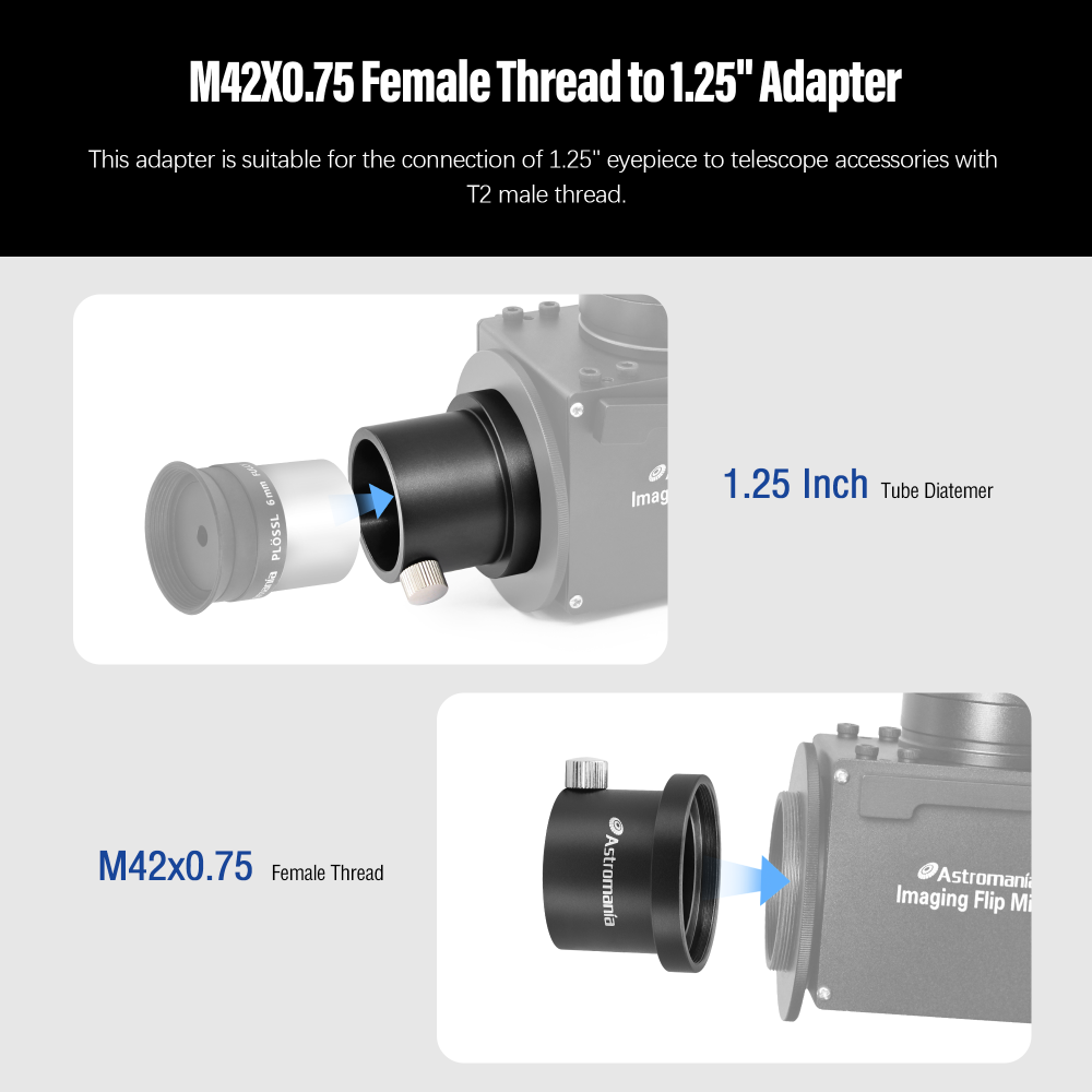 Astromania M42X0.75 Female Thread to 1.25" Adapter - connecting to a filter wheel, to another adapter with T-2 thread