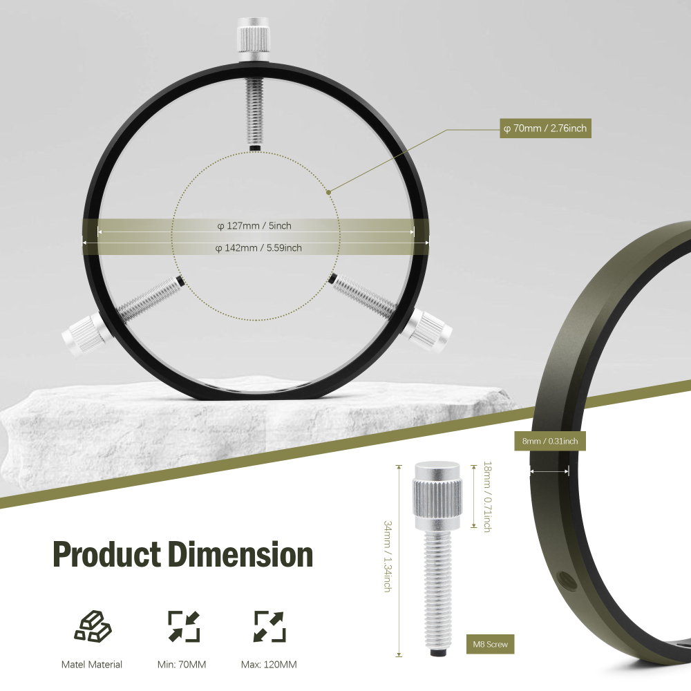 Astromania Adjustable Guiding Scope Rings 127 mm inside diameter (pair) - for Telescope Tube diameter or finders 70 to 120mm