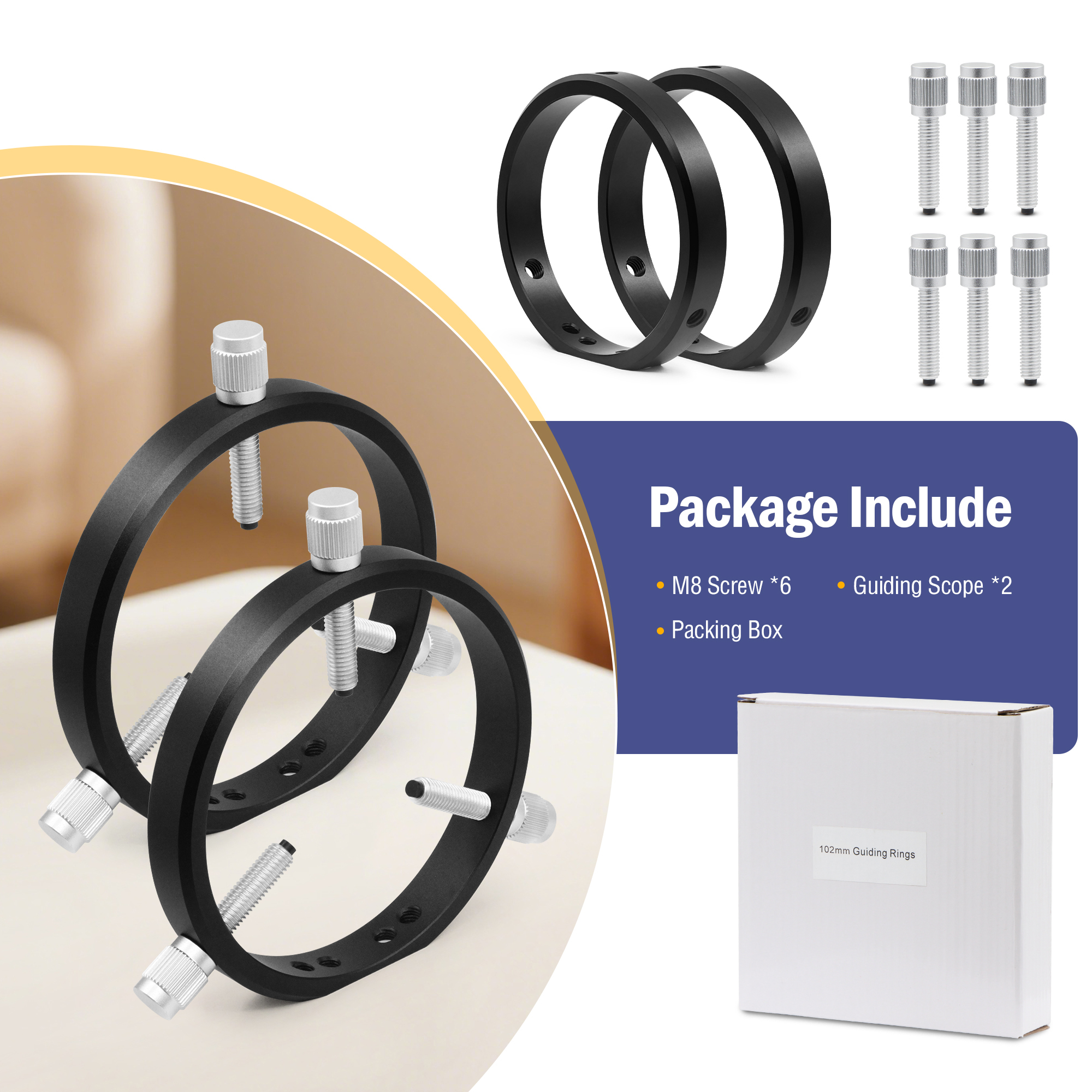 Astromania Adjustable Guiding Scope Rings 102 mm inside diameter (pair) - for Telescope Tube diameter or finders 48 to 100mm