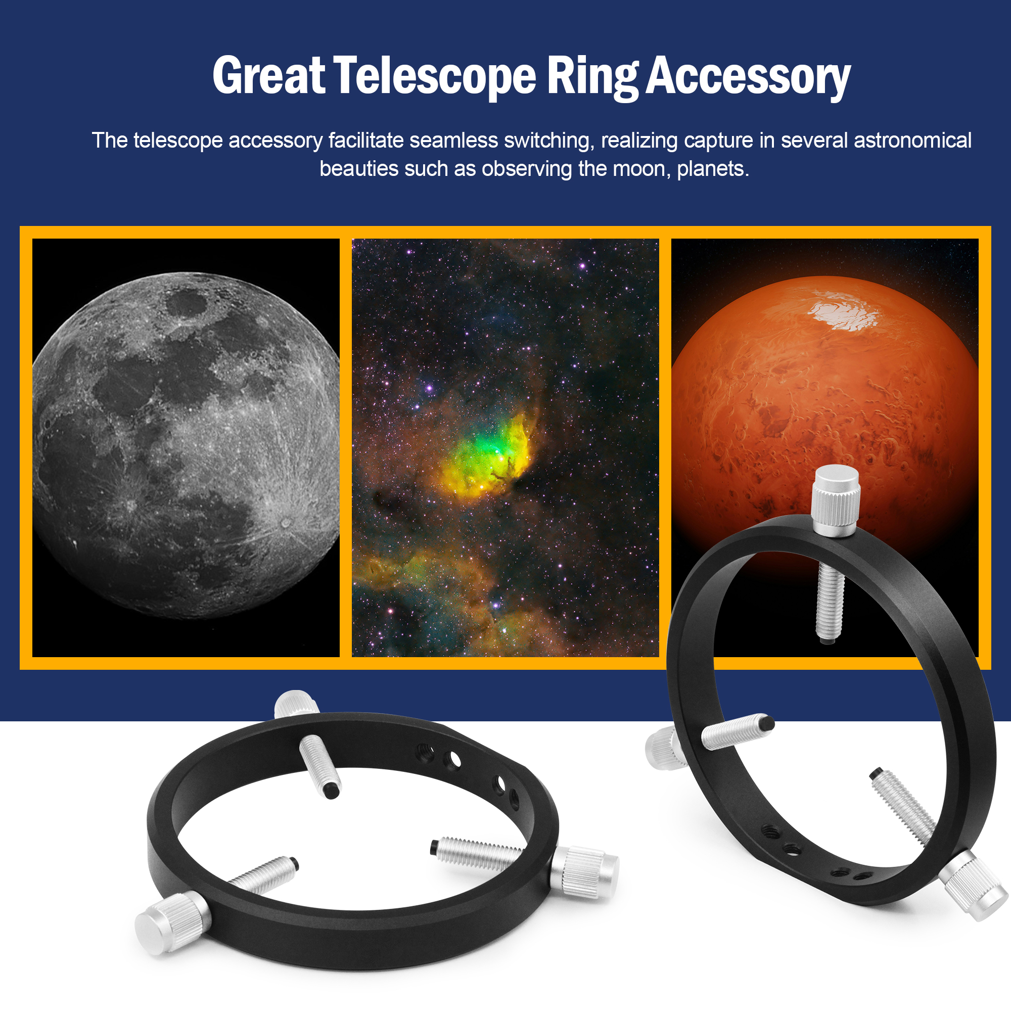 Astromania Adjustable Guiding Scope Rings 102 mm inside diameter (pair) - for Telescope Tube diameter or finders 48 to 100mm