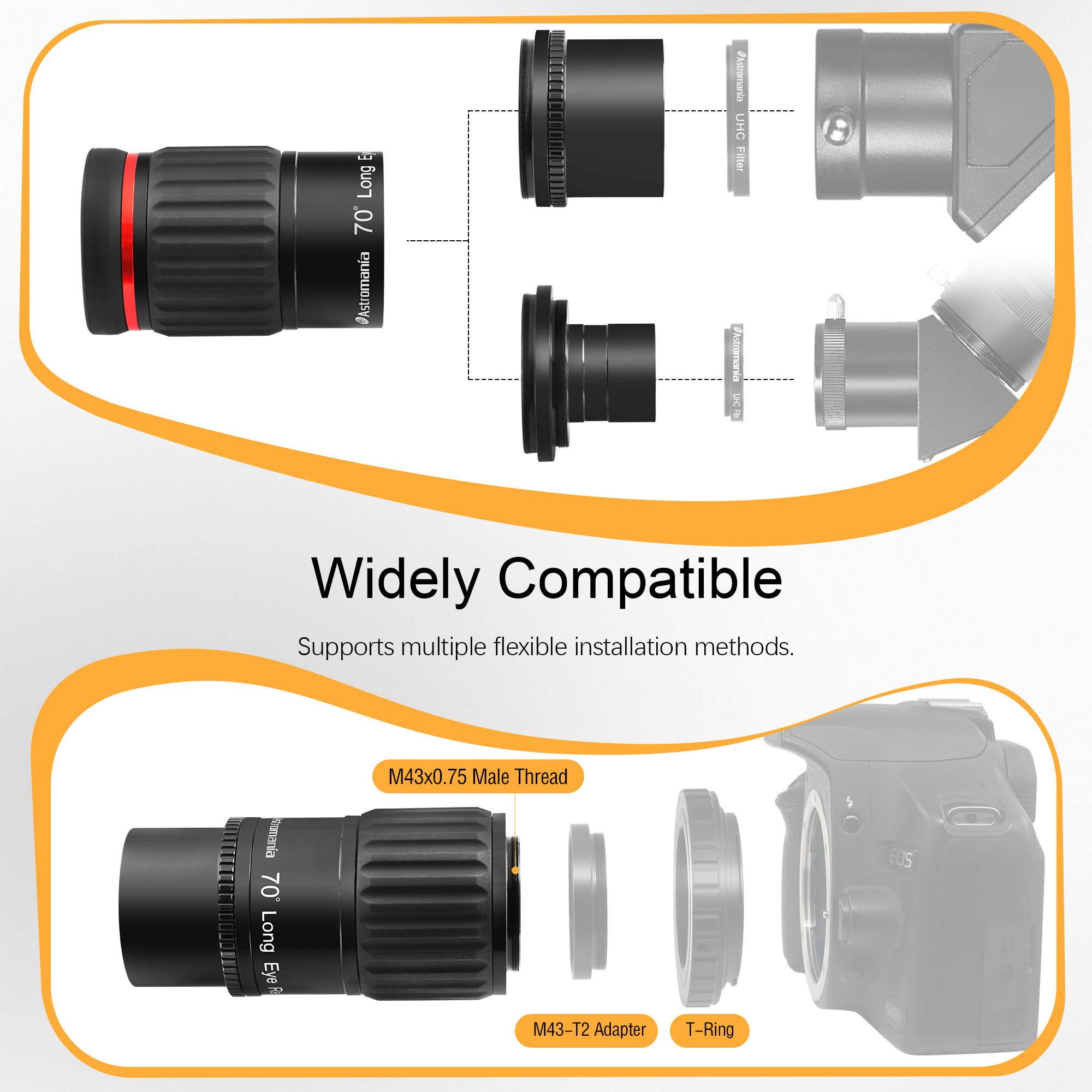 Astromania Telescope Eyepiece 13mm, 1.25&2 inch Super Wide Angle Eyepiece for Telescope, 70 Degree SWA Eyepiece Multi-Coated ED Element Telescope Accessory with T2 Camera Thread for Astrophotography
