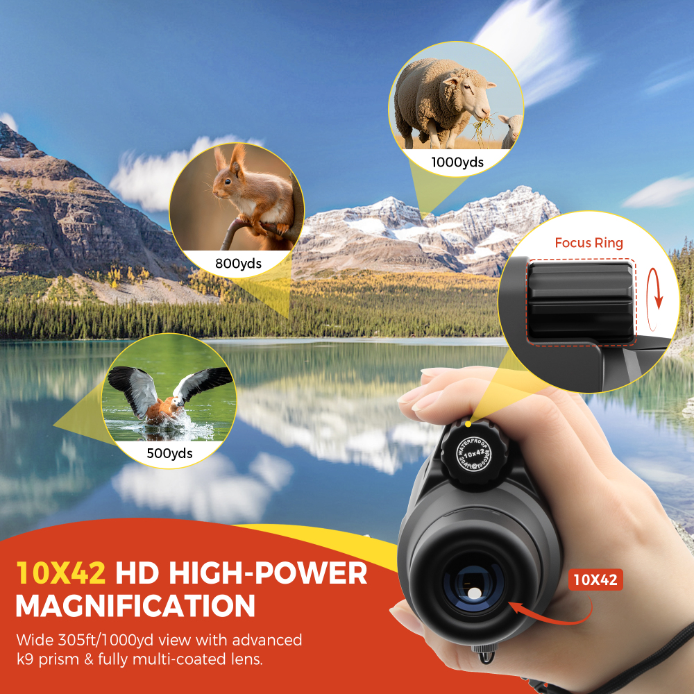 Astromania Monocular Telescope 10x42 HD K9 Prism - High Power & Compact, Waterproof , Fogproof, Shockproof for Birdwatching, Camping, Wildlife - Multi-coated Optics, Rubber Armor & Non-Slip Grip