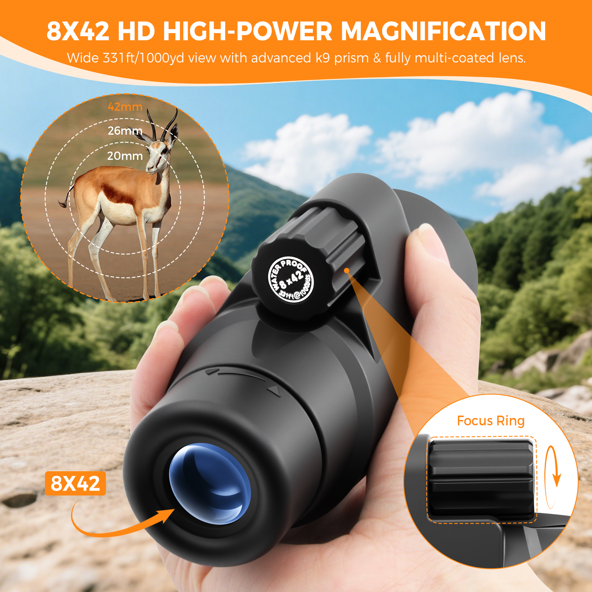 Astromania Monocular Telescope 8x42 HD K9 Prism - High Power & Compact, Waterproof , Fogproof, Shockproof for Birdwatching, Camping, Wildlife - Multi-coated Optics, Rubber Armor & Non-Slip Grip