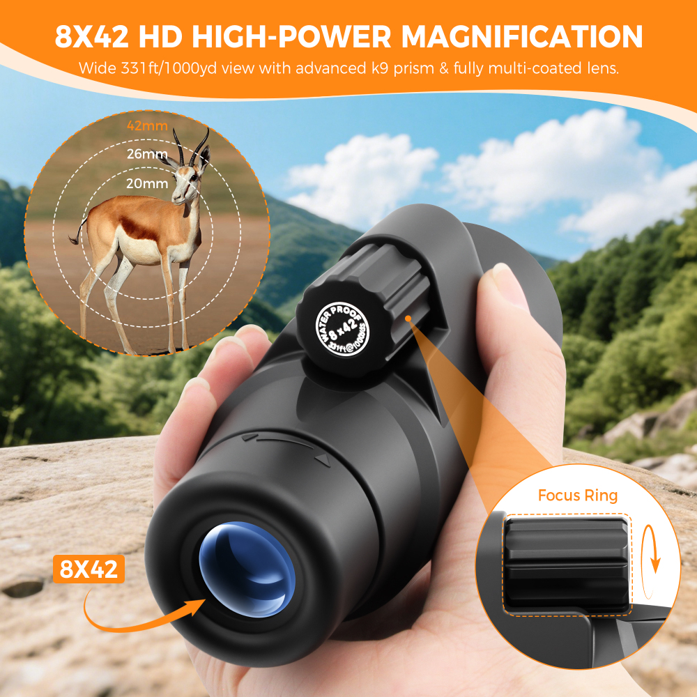Astromania Monocular Telescope 8x42 HD K9 Prism - High Power & Compact, Waterproof , Fogproof, Shockproof for Birdwatching, Camping, Wildlife - Multi-coated Optics, Rubber Armor & Non-Slip Grip