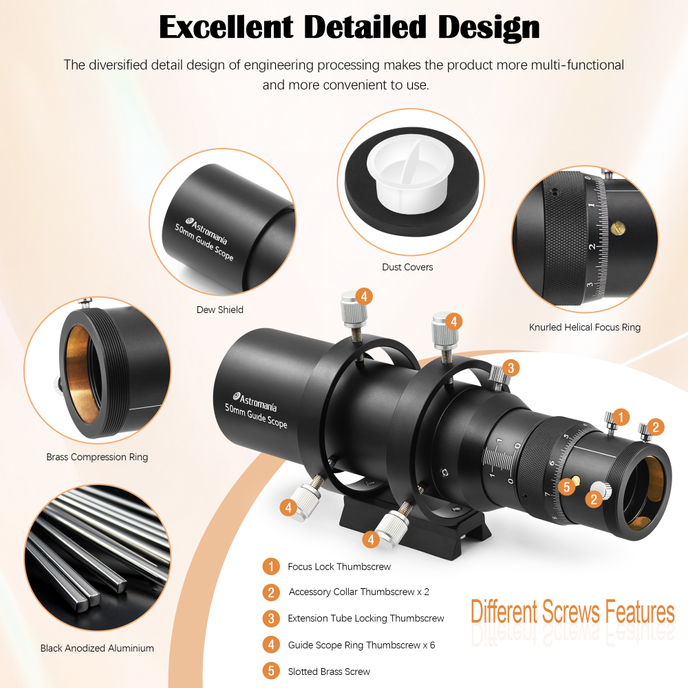 Astromania Guide Scope 50mm Compact Deluxe Finder Guide Scope Kit with Double Helical Focuser Compatible with 1.25 inch Eyepiece for Astronomical Telescope & Auto Guiding Cameras for Astrophotography