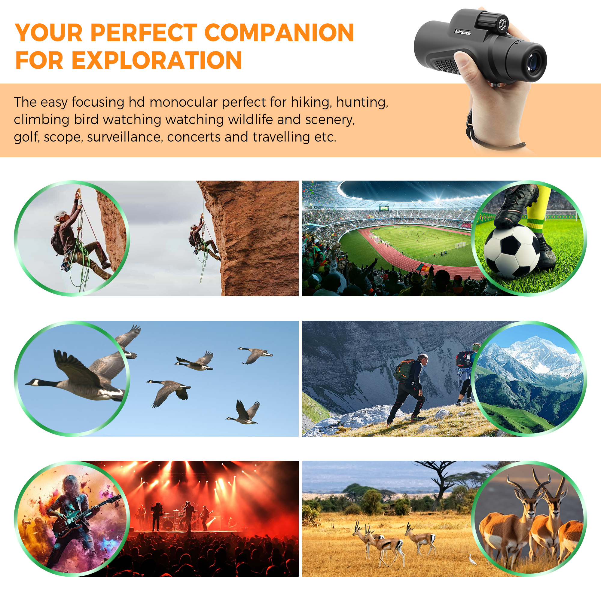 Astromania Monocular Telescope 8x42 HD K9 Prism - High Power & Compact, Waterproof , Fogproof, Shockproof for Birdwatching, Camping, Wildlife - Multi-coated Optics, Rubber Armor & Non-Slip Grip