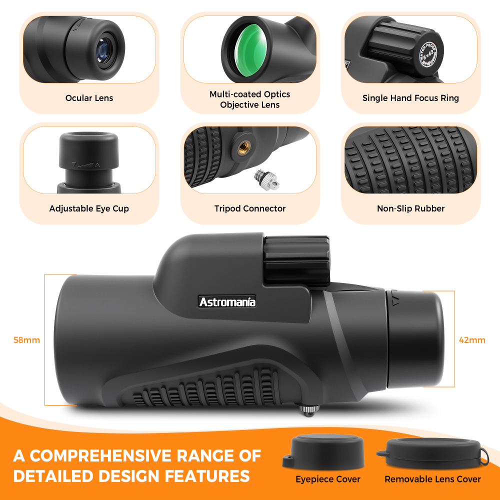 Astromania Monocular Telescope 8x42 HD K9 Prism - High Power & Compact, Waterproof , Fogproof, Shockproof for Birdwatching, Camping, Wildlife - Multi-coated Optics, Rubber Armor & Non-Slip Grip