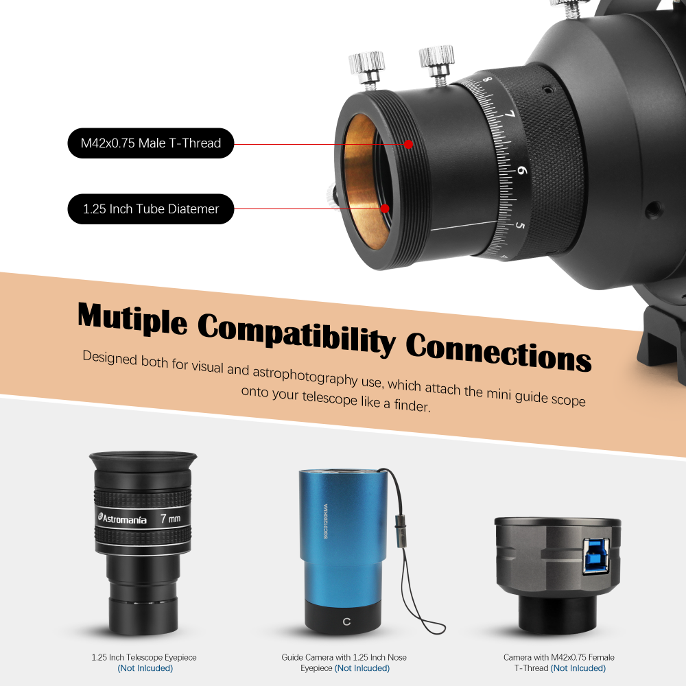Astromania Guide Scope 50mm Compact Deluxe Finder Guide Scope Kit with Double Helical Focuser Compatible with 1.25 inch Eyepiece for Astronomical Telescope & Auto Guiding Cameras for Astrophotography