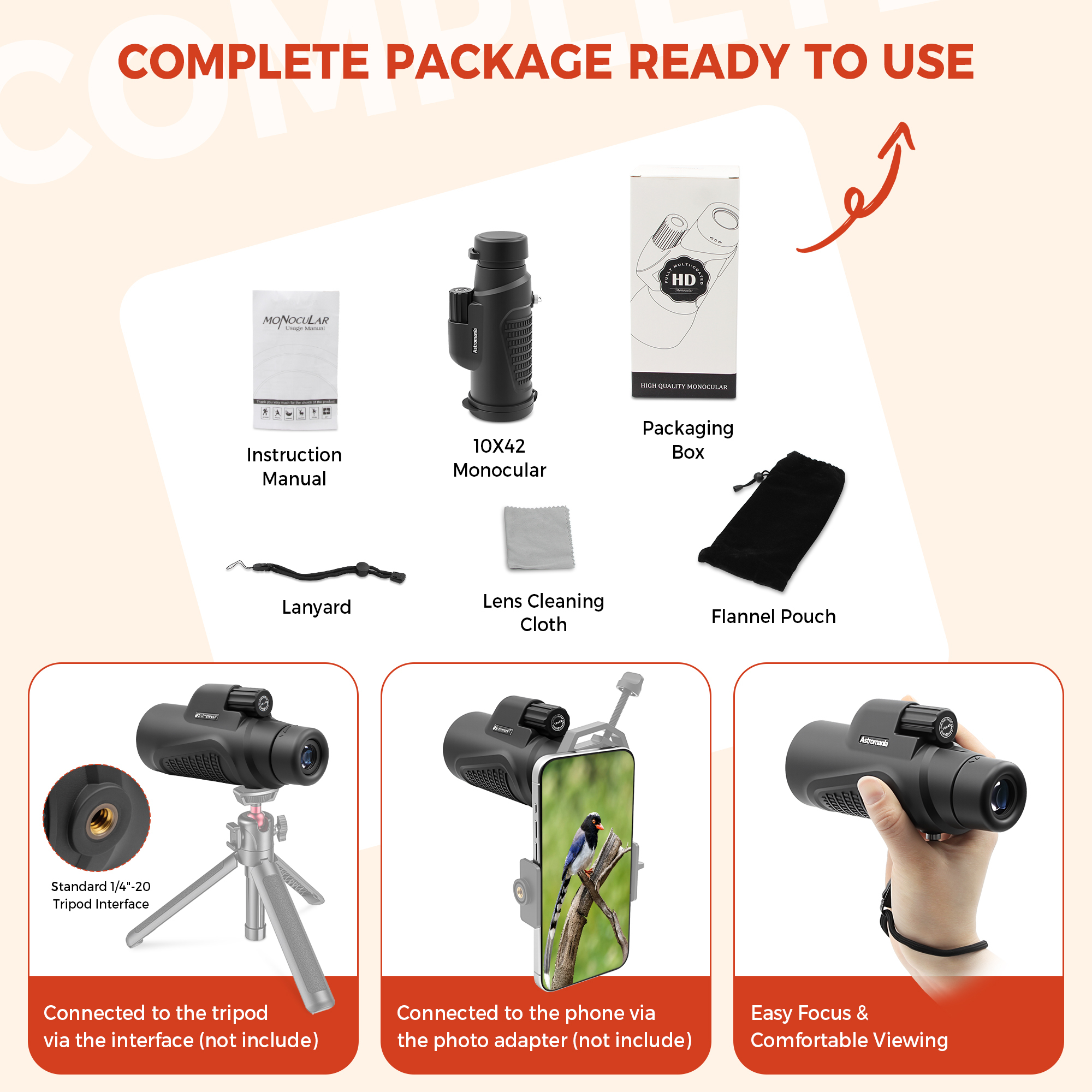Astromania Monocular Telescope 10x42 HD K9 Prism - High Power & Compact, Waterproof , Fogproof, Shockproof for Birdwatching, Camping, Wildlife - Multi-coated Optics, Rubber Armor & Non-Slip Grip