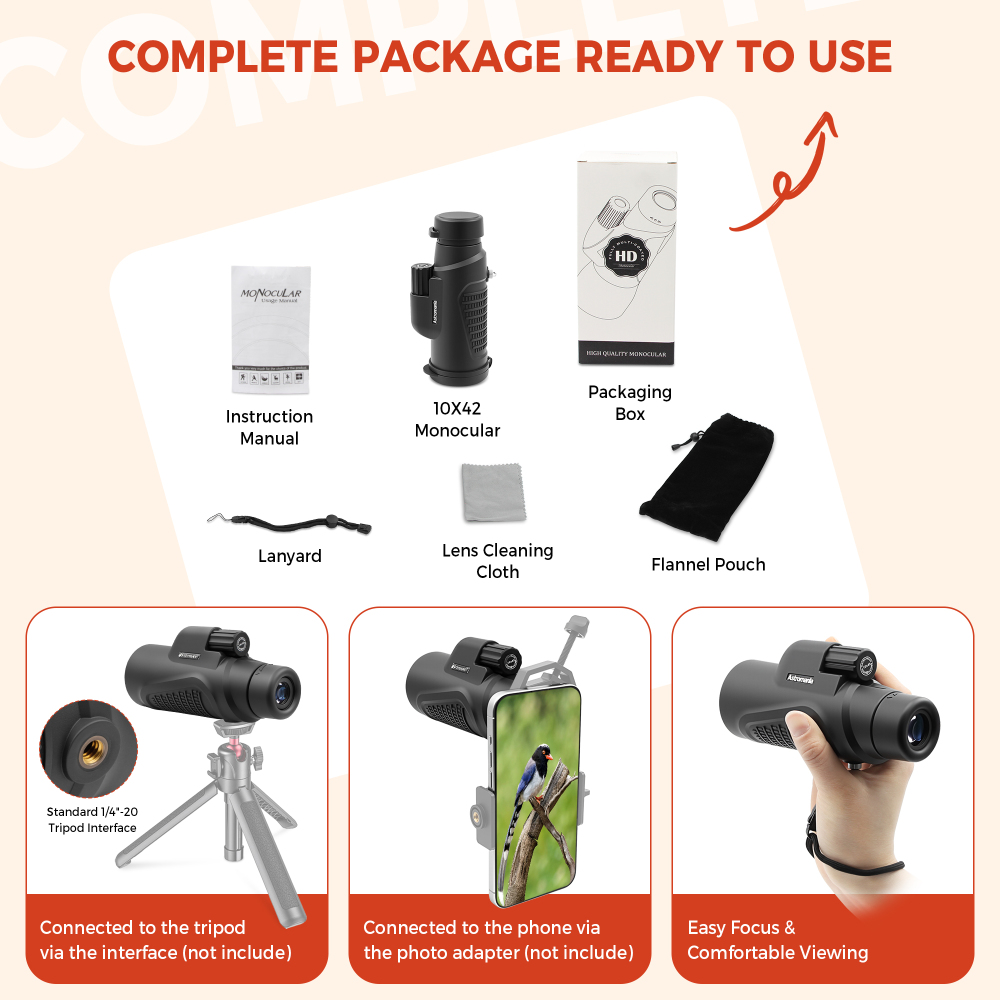 Astromania Monocular Telescope 10x42 HD K9 Prism - High Power & Compact, Waterproof , Fogproof, Shockproof for Birdwatching, Camping, Wildlife - Multi-coated Optics, Rubber Armor & Non-Slip Grip