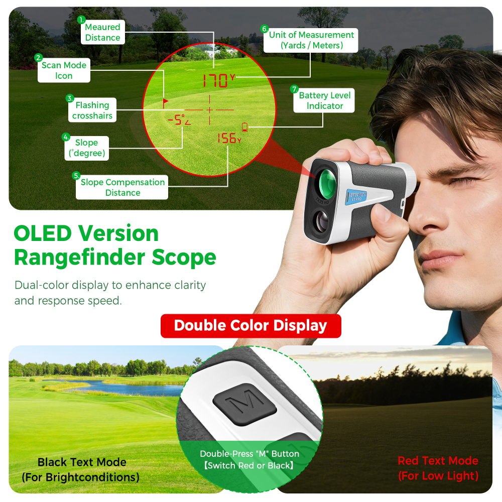 Golf Rangefinder with Slope Switch, 1300 Yards Pro Laser Range Finder for Hunting Golfing, 7X Magnification with Flag Pole Locking Vibration & Magnet Stripe & IPX7 Waterproof & OLED Dual-Color Display