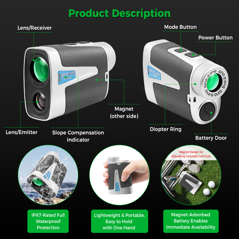 Golf Rangefinder with Slope Switch, 1300 Yards Pro Laser Range Finder for Hunting Golfing, 7X Magnification with Flag Pole Locking Vibration & Magnet Stripe & IPX7 Waterproof & OLED Dual-Color Display