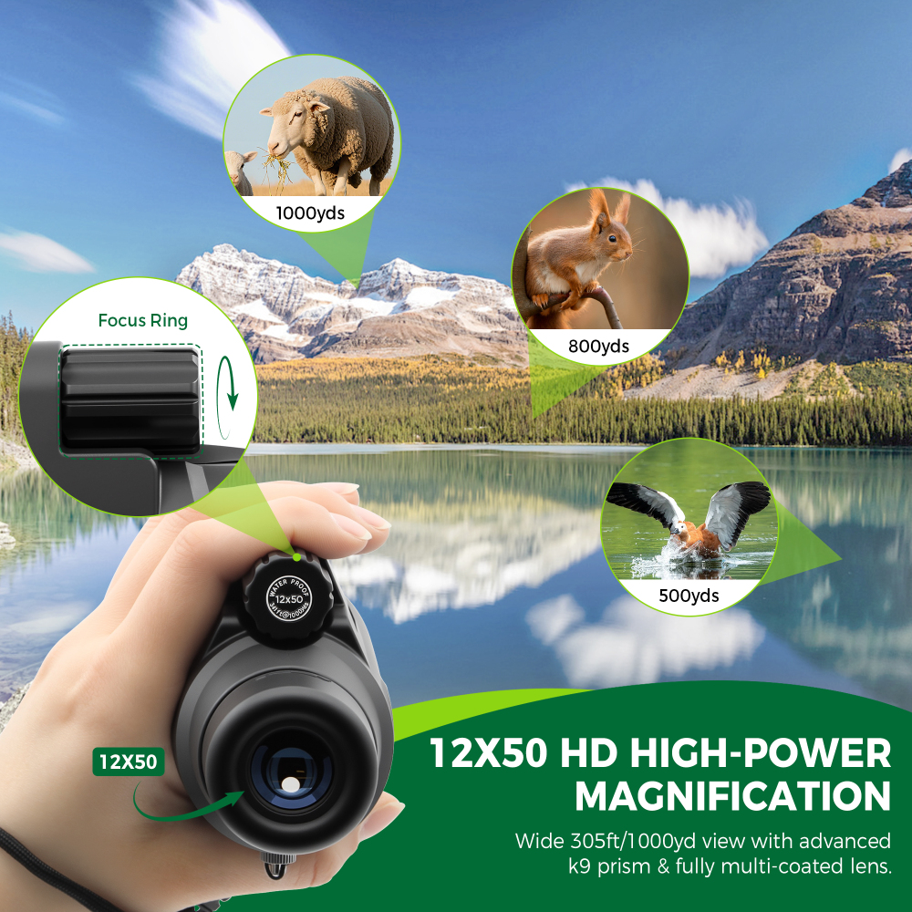 Astromania Monocular Telescope 12x50 HD K9 Prism - High Power & Compact, Waterproof , Fogproof, Shockproof for Birdwatching, Camping, Wildlife - Multi-coated Optics, Rubber Armor & Non-Slip Grip