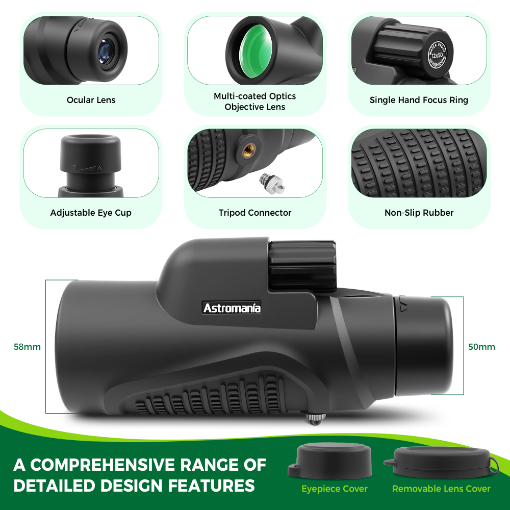 Astromania Monocular Telescope 12x50 HD K9 Prism - High Power & Compact, Waterproof , Fogproof, Shockproof for Birdwatching, Camping, Wildlife - Multi-coated Optics, Rubber Armor & Non-Slip Grip