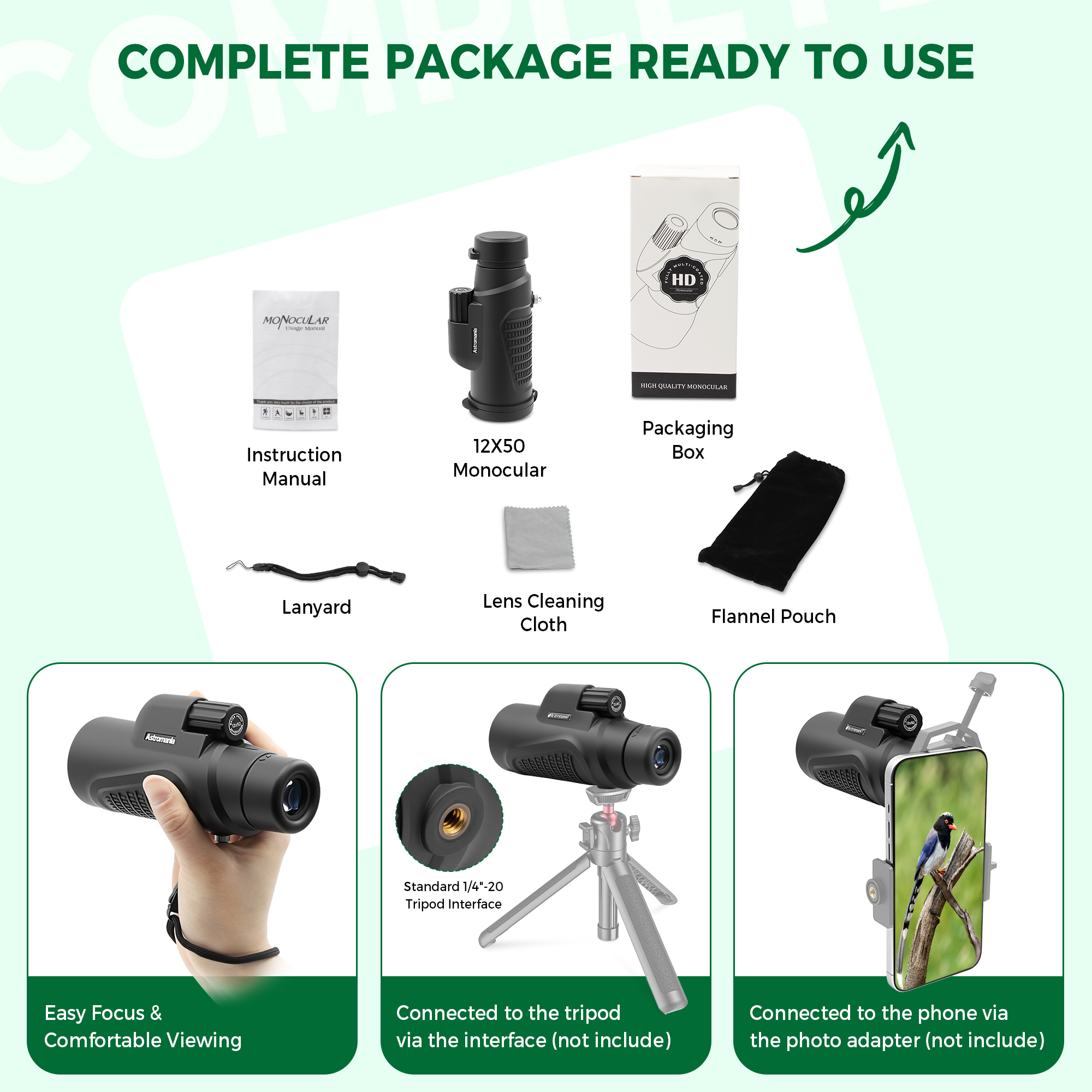 Astromania Monocular Telescope 12x50 HD K9 Prism - High Power & Compact, Waterproof , Fogproof, Shockproof for Birdwatching, Camping, Wildlife - Multi-coated Optics, Rubber Armor & Non-Slip Grip