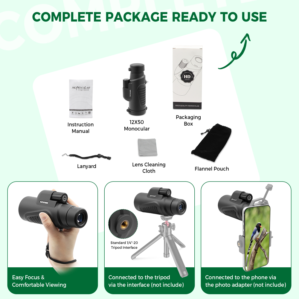 Astromania Monocular Telescope 12x50 HD K9 Prism - High Power & Compact, Waterproof , Fogproof, Shockproof for Birdwatching, Camping, Wildlife - Multi-coated Optics, Rubber Armor & Non-Slip Grip