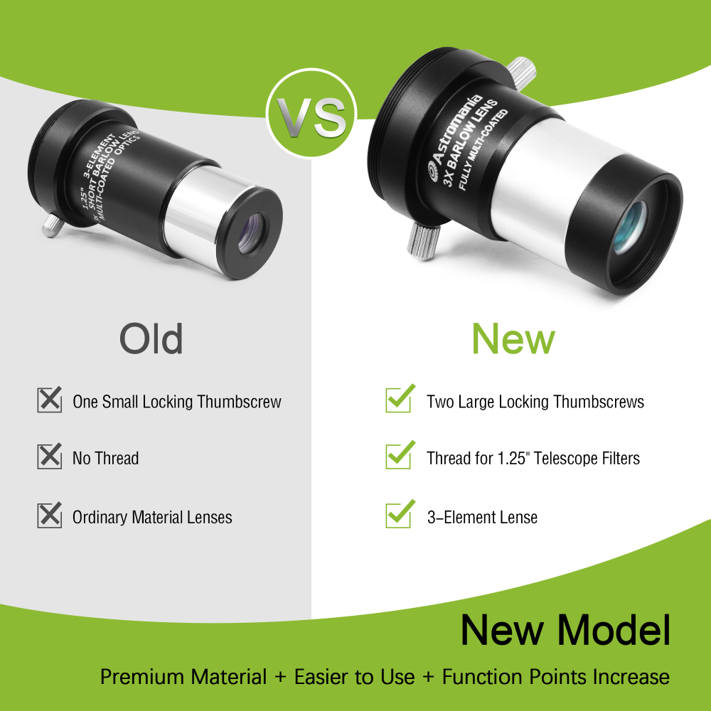 Astromania 1.25" 3x Short Focus Barlow Lens for Telescope Eyepiece - Superior sharpness and color correction