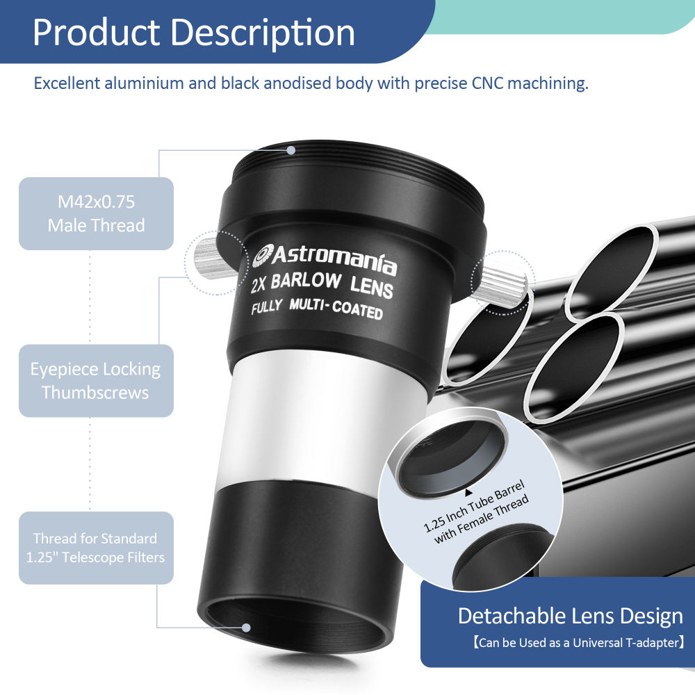 Astromania 1.25" Latest 2X Barlow Lens MultiCoated Metal with M42x0.75 Thread Camera Interface for Telescopes