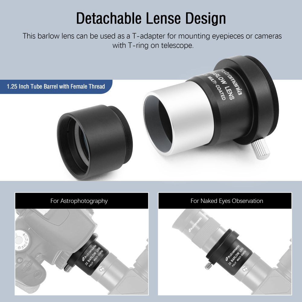 Astromania 2X Barlow Lens Upgraded 1.25 inch Metal Fully Multi Coated Telescope Accessory with M42 Thread Camera Connect Interface for Telescope Eyepiece, Telescope Barlow Lens with Filter Thread