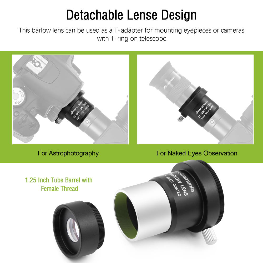 Astromania 3X Barlow Lens 1.25 inch Fully Multi Coated Metal Short Focus Barlow Lens Internal Brass Ring & Two Fixing Thumbscrews, M42 Thread Camera Connect Interface for Telescope Eyepiece