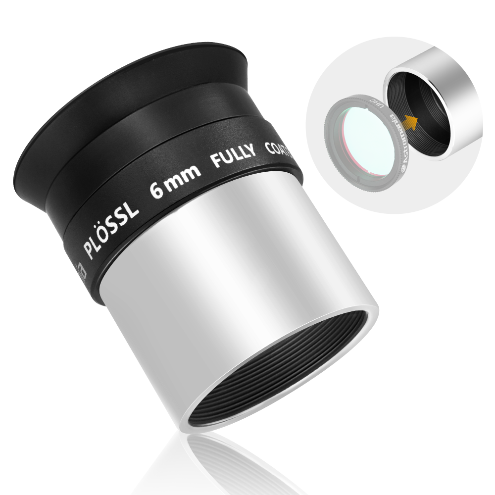 Astromania Telescope Eyepiece 6mm Plossl, 1.25 Inch Telescope Accessory Eyepiece Fully Multi Coated 4-Element Plossl Design, Metal 50 Degree Apparent Field of View for Astronomy Telescopes & Filters