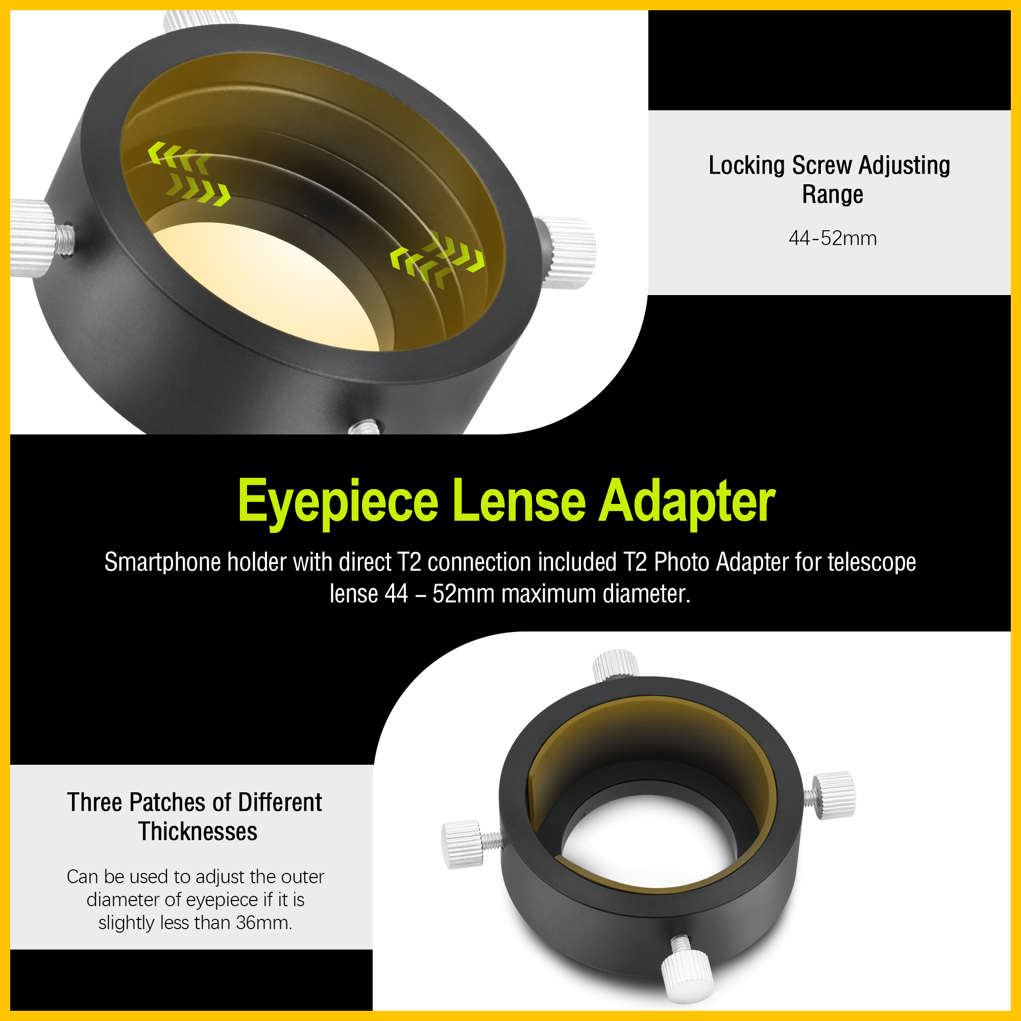 Astromania Universal T2 Camera Photo Adapter for Telescope and Spotting Scope-eyepieces adaptor 44-52mm-attach your camera or smartphone to eyepieces