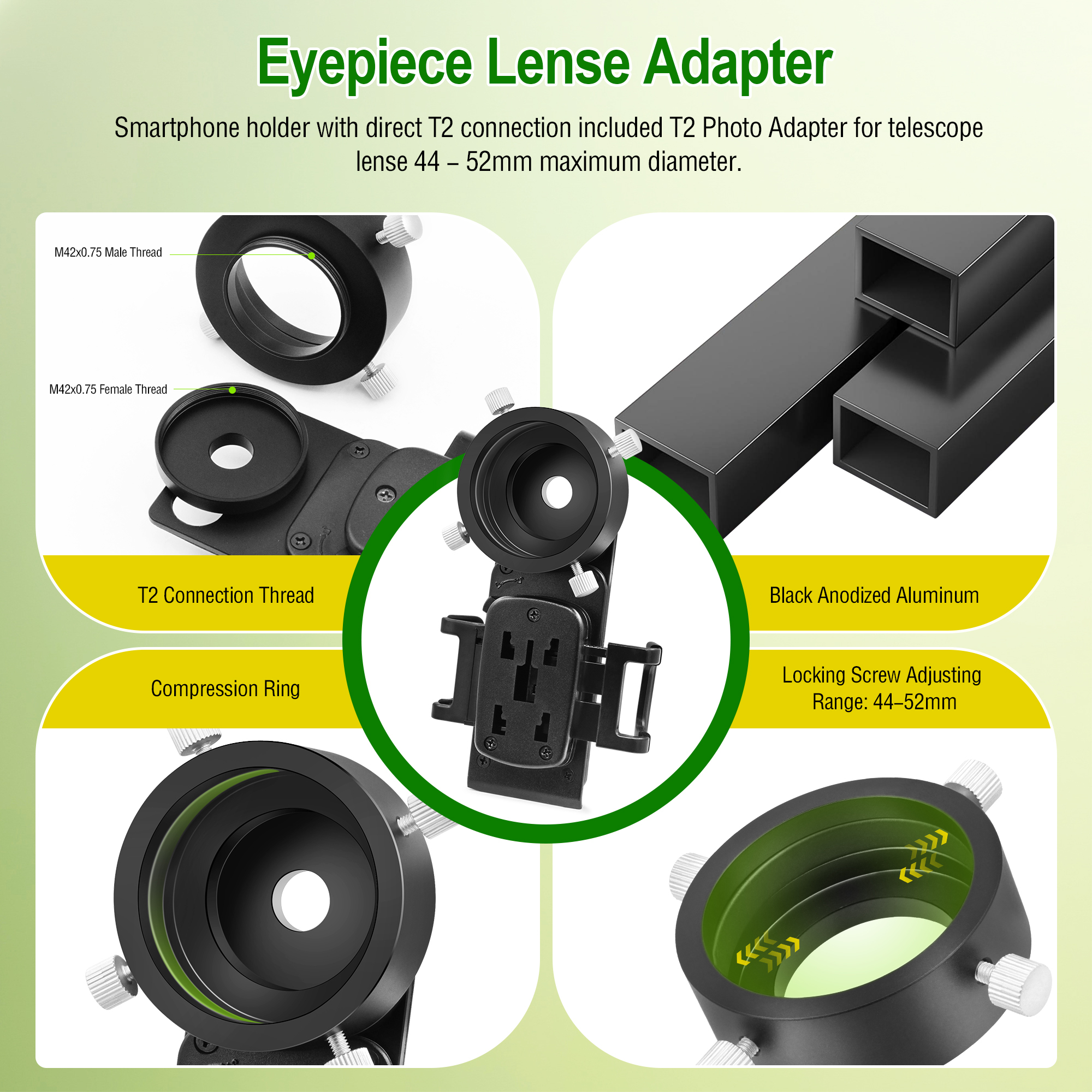 Astromania Smartphone iPhone Adapter with T2 Thread and Eyepiece Adapter 44 - 52mm - for photography with telescopes and spotting scope or binoculars