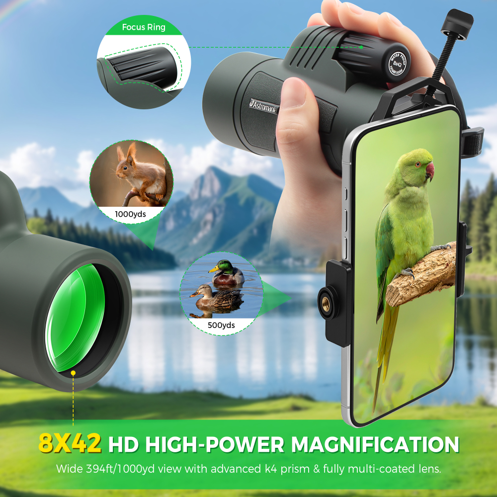 Astromania 8X42 BAK4 High Power Prism Monoculars, Waterproof, Compact Handheld Monoscope for Bird Watching, Hunting, Traveling Gifts for Men