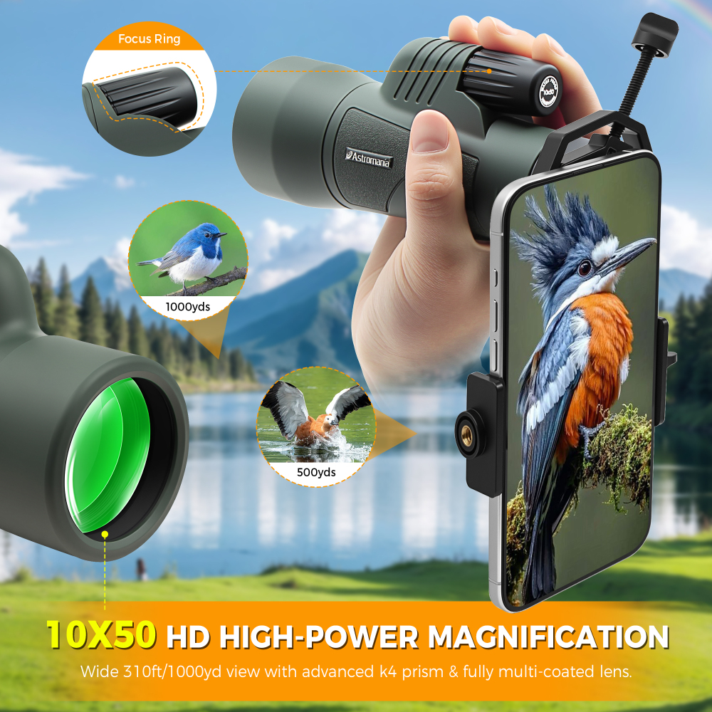 Astromania 10X50 BAK4 High Power Prism Monoculars, Waterproof, Compact Handheld Monoscope for Bird Watching, Hunting, Traveling Gifts for Men