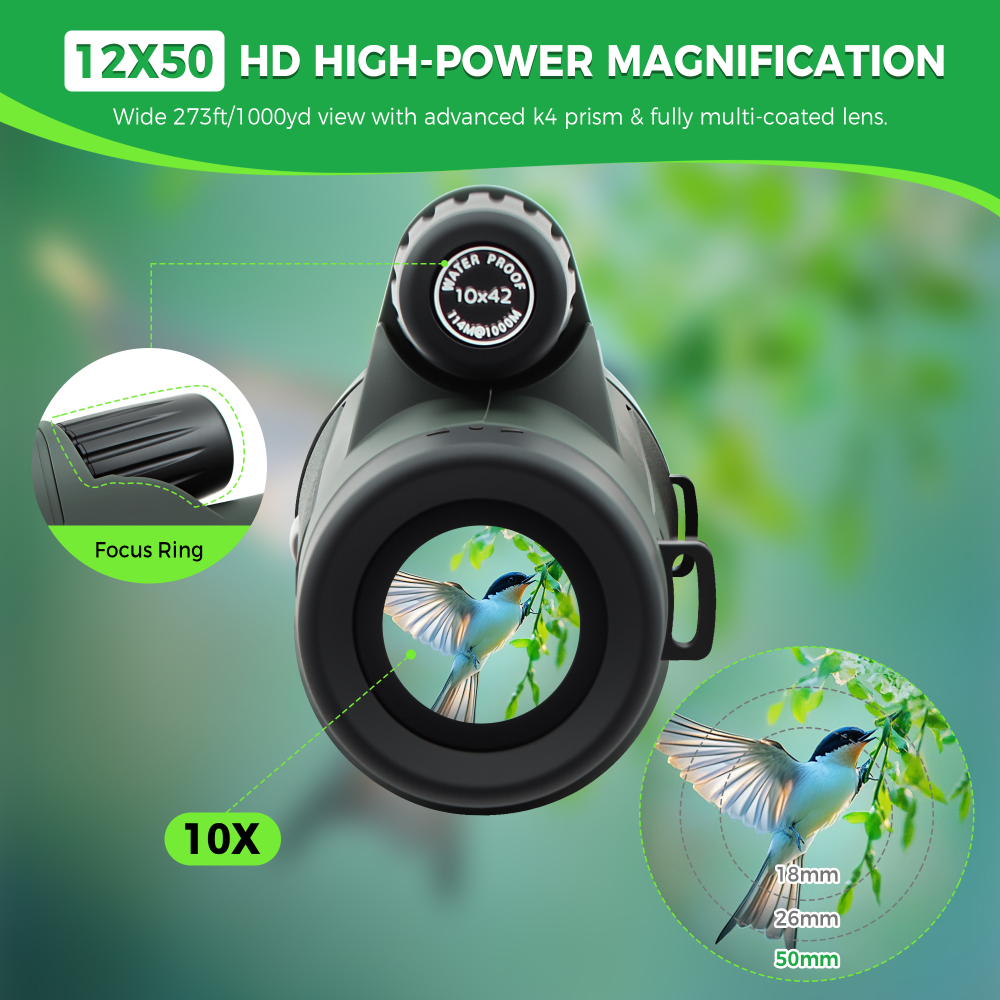 Astromania 12X50 BAK4 High Power Prism Monoculars, Waterproof, Compact Handheld Monoscope for Bird Watching, Hunting, Traveling Gifts for Men