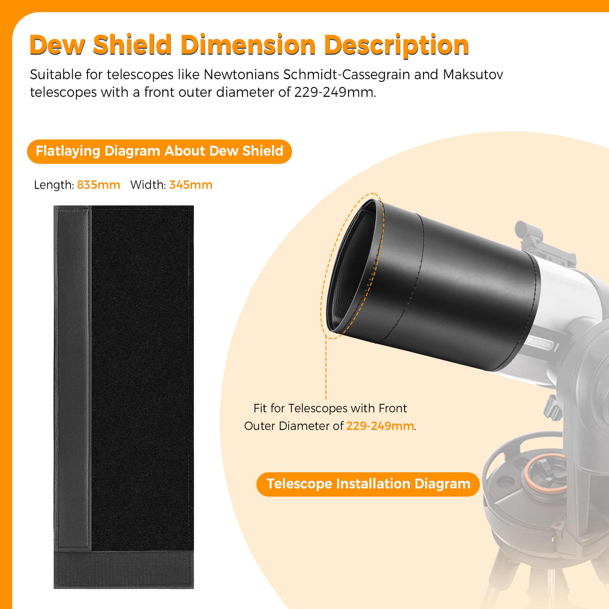 Astromania Flexible Dew Shield for Telescope Front Outer Diameter with 229-249mm diameter-keep dew away and gives you clear observing for entire night