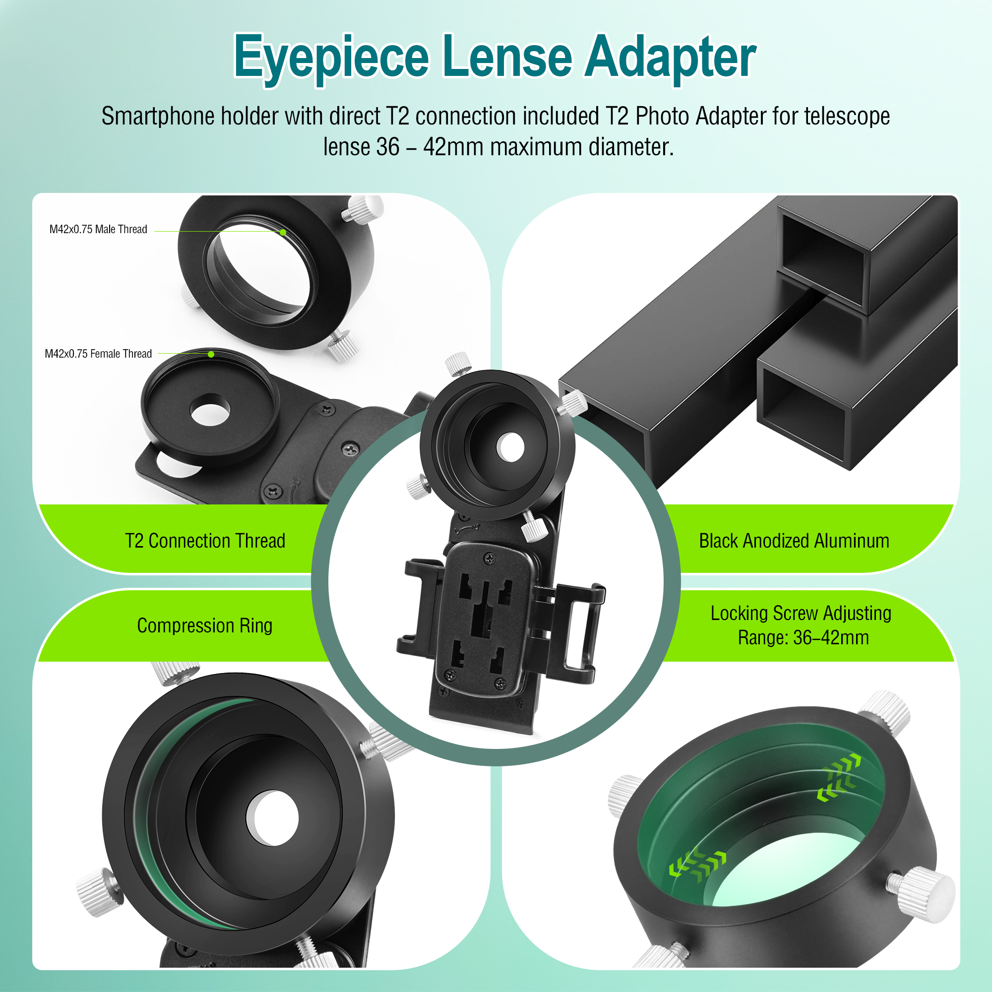 Astromania Smartphone iPhone Adapter with T2 Thread and Eyepiece Adapter 36 - 42mm - for photography with telescopes and spotting scope or binoculars