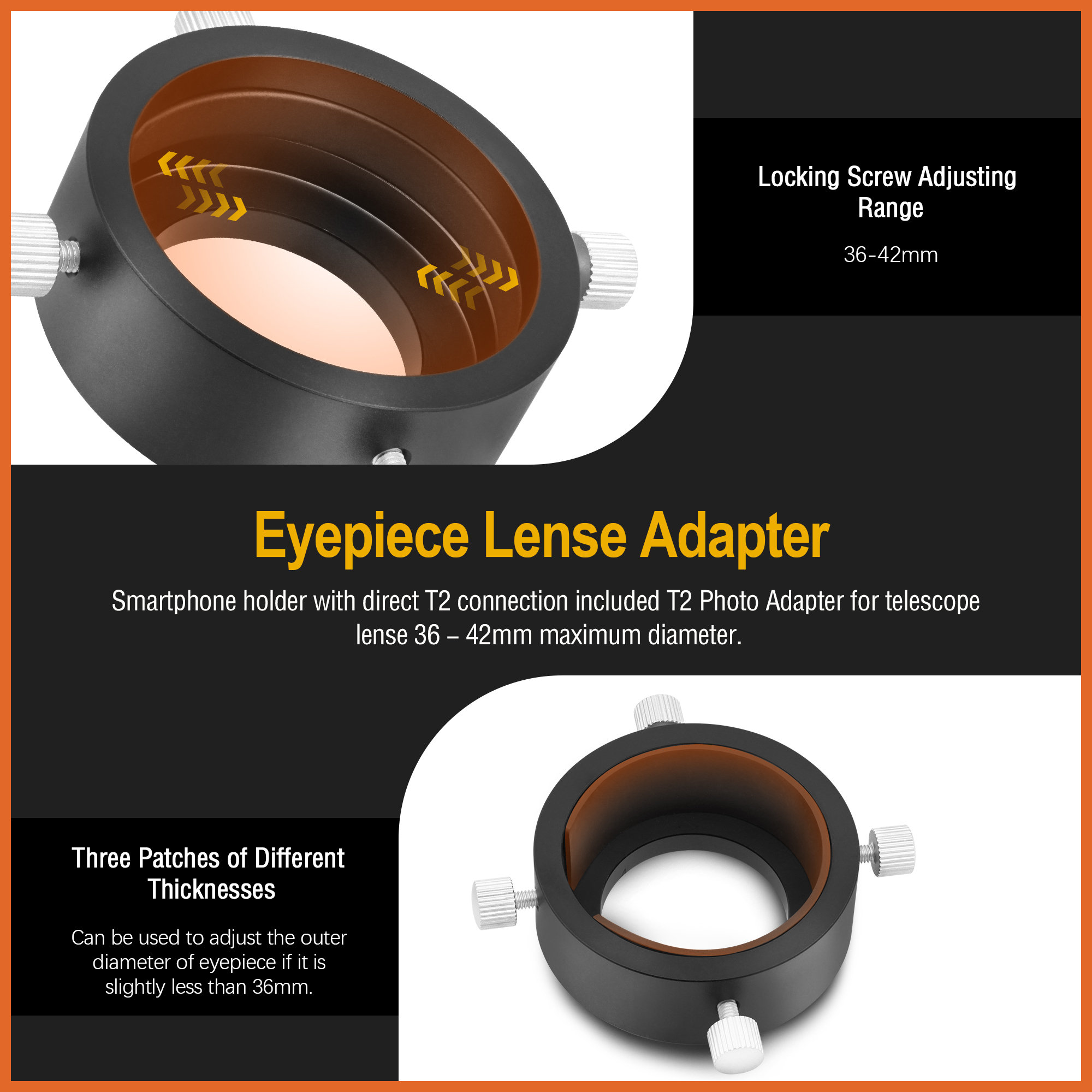 Astromania Universal T2 Camera Photo Adapter for Telescope and Spotting Scope-eyepieces adaptor 36-42mm-attach your camera or smartphone to eyepieces