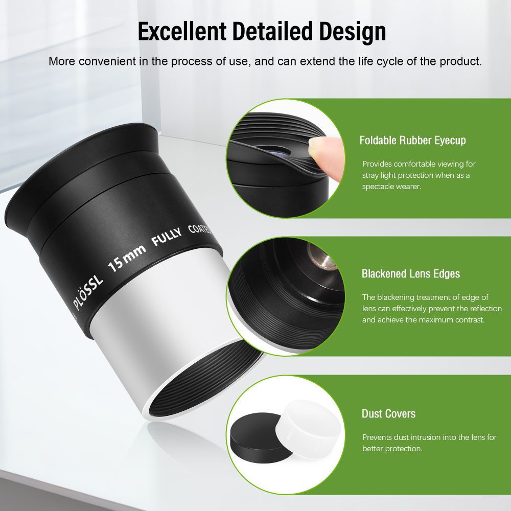 Astromania Telescope Plossl Eyepiece 15mm, 50 Degree Apparent Field of View Plossl Lens with Fully Multi Coated 4-Element,  Metal Telescope Accessory for Standard 1.25 Inch Astronomy Filter Thread
